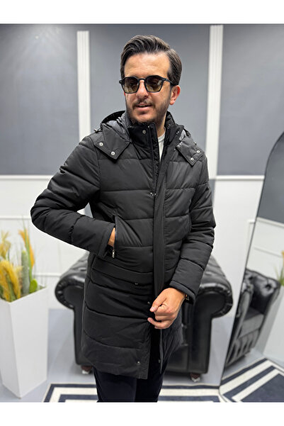 Avni Ceylan Men's Black Long Hooded Puffer Jacket