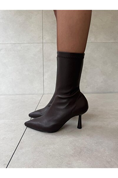Elvinin Tarzı Ciel Bitter Brown Leather Thin Heeled Flexible Women's Stretch Boots