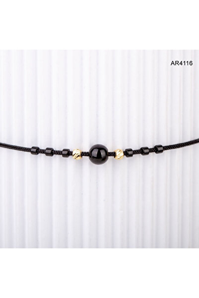 AR Jewels & Diamonds Adjustable 14K gold cord bracelet AR4116 with 2mm gold beads, Miyuki and glossy Onyx