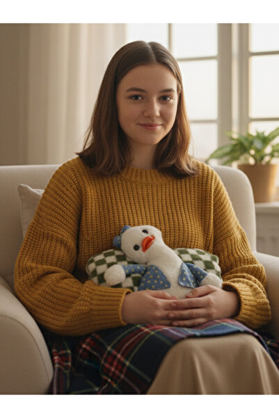 trawell Yeşil Peluş Kılıflı Ördek Emojili Sıcak Su Torbası 1 lt Cepli El Geçmeli Sıcak Su Torbası