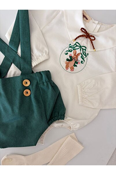 il mio bambino Handmade 100% Cotton Baby Boy Christmas Bunny Embroidery Long Shirt, Short Jumpsuit - Romper Set