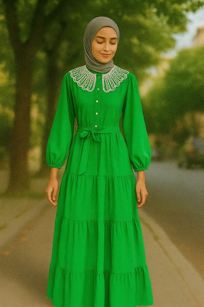 OUTLETSTORE BEBE YAKA TESETTÜR UZUN ELBİSE