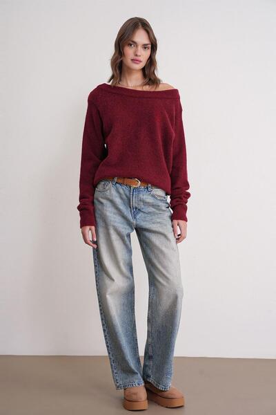 Mixray 69633 Women's Boat Neck Wool Blend Premium Knitwear Sweater Burgundy