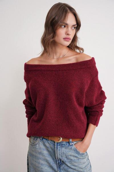 Mixray 69633 Women's Boat Neck Wool Blend Premium Knitwear Sweater Burgundy