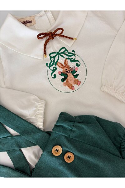 il mio bambino Handmade 100% Cotton Baby Boy Christmas Bunny Embroidery Long Shirt, Short Jumpsuit - Romper Set