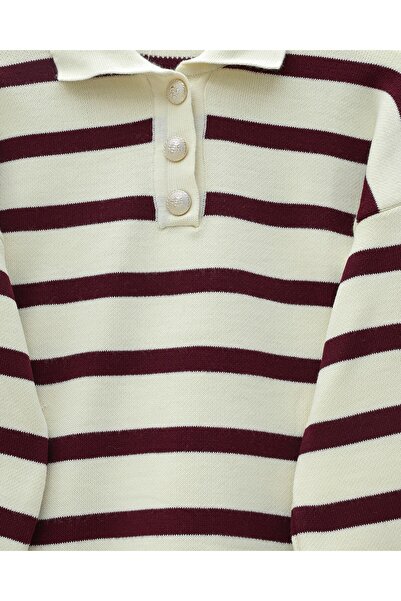 Modamorfo Polo Neck Buttoned Striped Knitwear Set - Burgundy