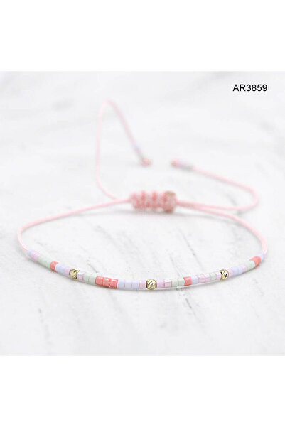 AR Jewels & Diamonds 14K Gold Adjustable Pink Cord Bracelet AR3859 with 2mm Gold Beads and 2mm Miyuki Beads