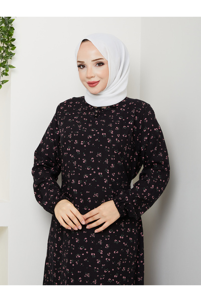 vmeste Cıtır Black Viscose Dress with Pink Flowers