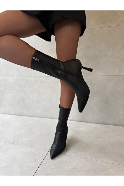 Elvinin Tarzı Ciel Black Leather Thin Heeled Flexible Women's Stretch Boots
