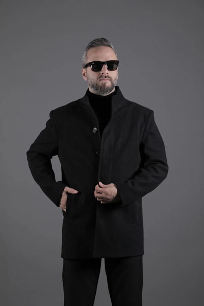 OHEPMODA Men's Cashmere Coat with Collar Detail and Hidden Buttons
