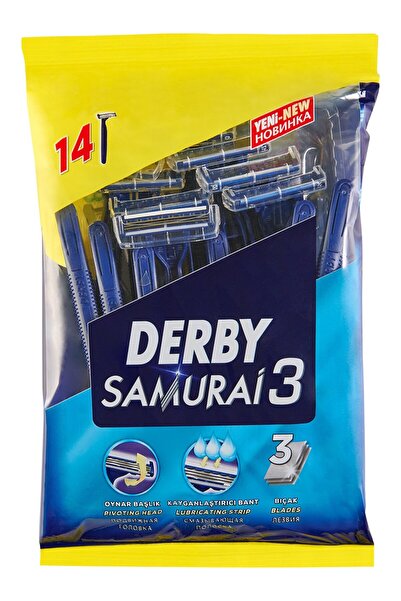 Derby Samurai 3 Razor Blades - Chrome Ceramic Platinum Coating, for Men with Swivel Head, Pack of 14