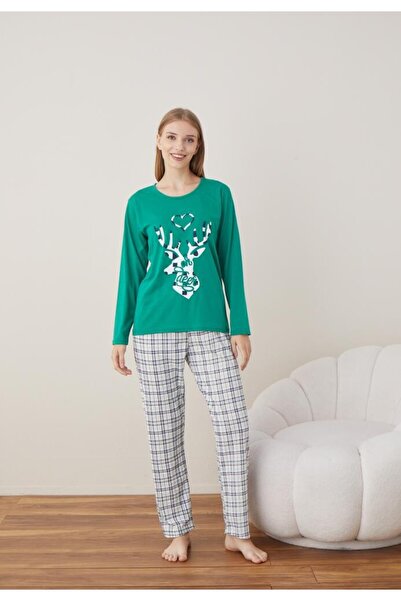 TOSKI Pijama Craciun Dama Maneca Lunga Pantalon Lungi,Verde,Ren