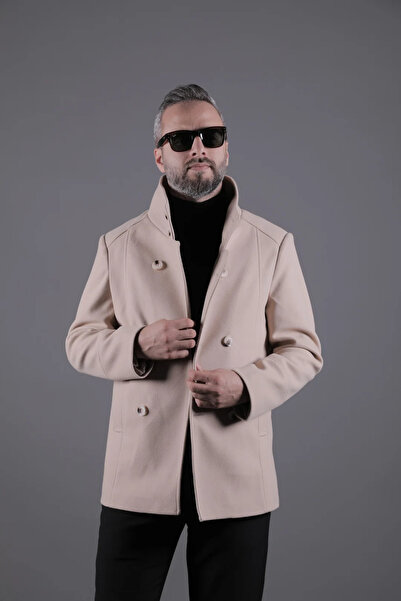OHEPMODA Men's Cashmere Coat with Collar and Sleeve Detailing