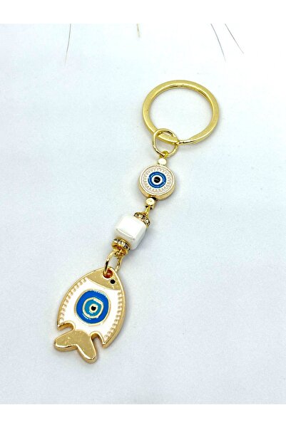 Azrua White Fish Stone Metal Keychain, Lucky Keychain, Metal Evil Eye Bead Keychain