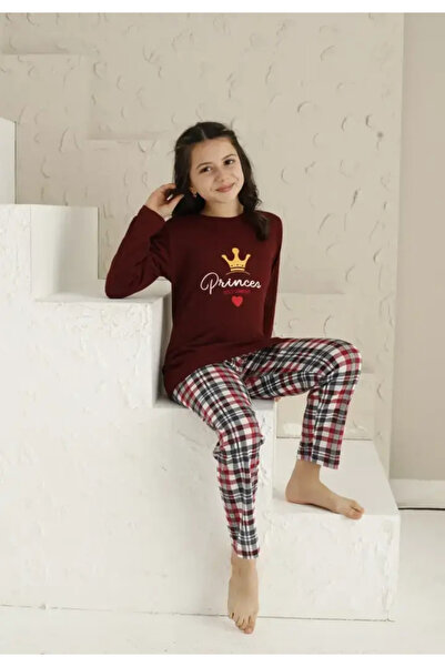 TOSKI Pijama Fete, Mânecă Lungă si Pantaloni Lungi, Imprimeu Princes,bordo