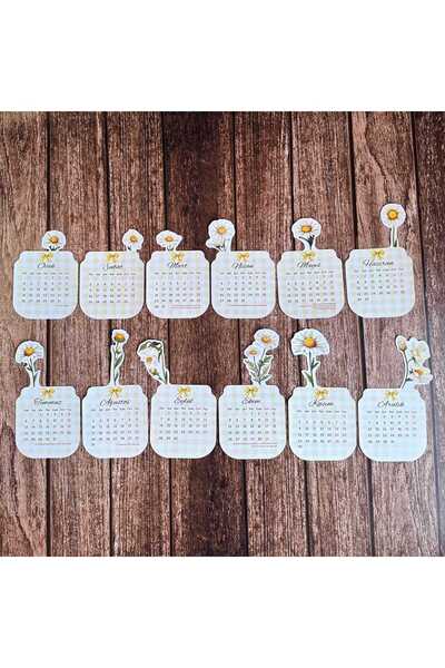 Sticker Ekspres 2026 Papatya Desenli Ahşap Standlı Özel Tasarım Takvim Çiçekli Masa Takvimi Hediye