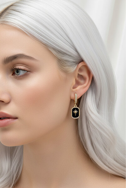 özgül takı ve tasarım Stainless Steel Gold Color Black Enamel North Star Zircon Stone Women's Earrings
