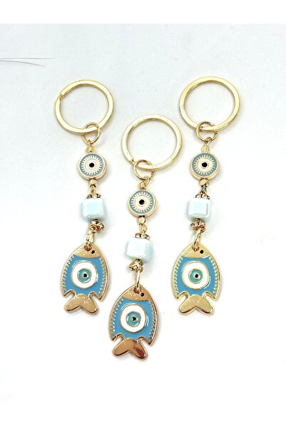 Azrua Light Blue Fish Stone Metal Keychain, Lucky Keychain, Metal Evil Eye Bead Keychain