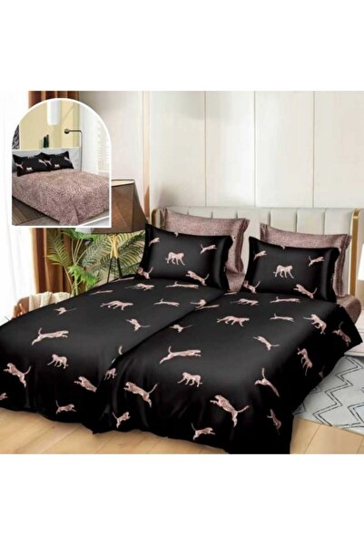 CumparaMisim 7-Piece Bed Linen Set, Superior Satin Cotton, with 2 Duvet Covers, Black, Leopard