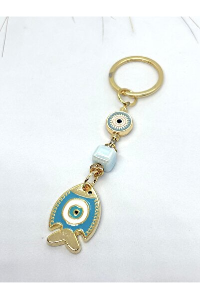 Azrua Light Blue Fish Stone Metal Keychain, Lucky Keychain, Metal Evil Eye Bead Keychain