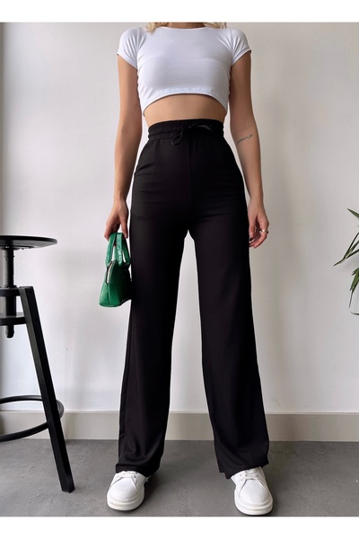 LACHT Women's Black Knitted Wide-Leg Pants