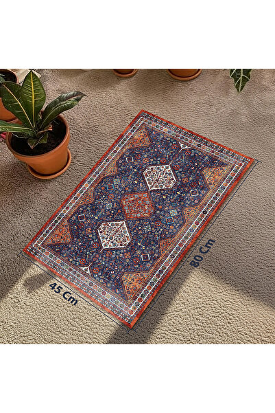 Home Soul Lightweight Qashqai-style heritage rug | Dense symbolic pattern in dark blue and rust