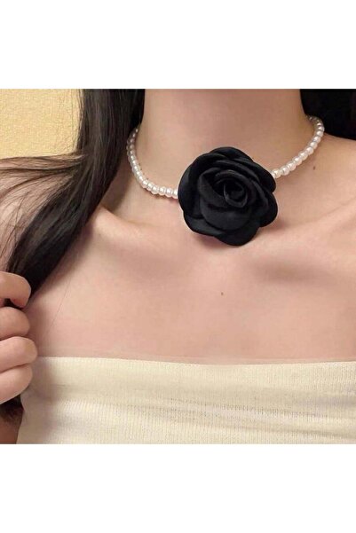 Pursehuit Colier tip choker, cu perle și floare neagră, Begit C14