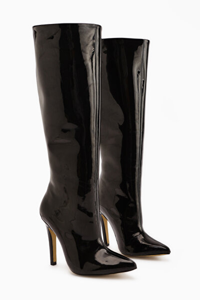 Limoya Sonita Black Patent Leather Thin Heeled Women's Boots