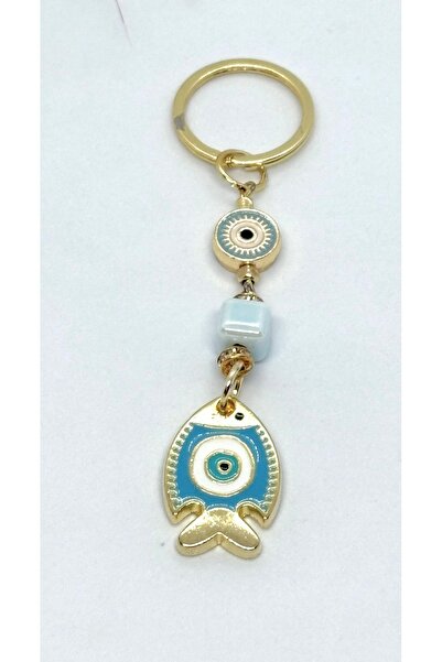 Azrua Light Blue Fish Stone Metal Keychain, Lucky Keychain, Metal Evil Eye Bead Keychain