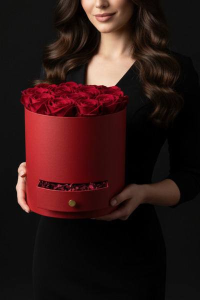 Parmas Design Islak Dokulu Gerçek Görünüm Yapay Gül Buketi Çekmeceli Silindir...