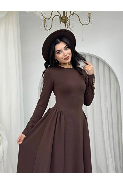 Afiş Butik Kahverengi Kadın Piliseli Tasarım Elbise