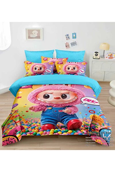 Lenjeria Familiei Tale Double bed linen 6 pieces fine with elastic – Labubu model blue, colorful