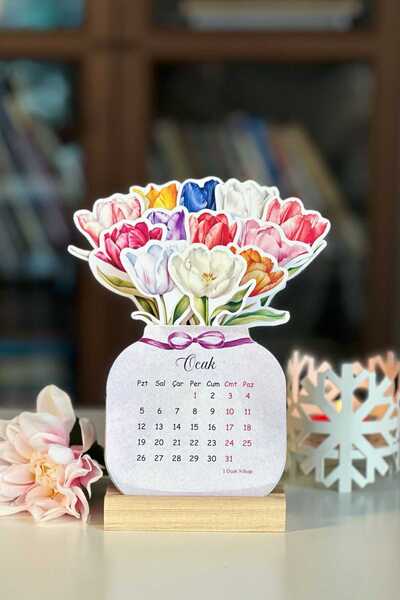 Sticker Ekspres 2026 Lale Desenli Ahşap Standlı Özel Tasarım Takvim Çiçekli Masa Takvimi Hediye