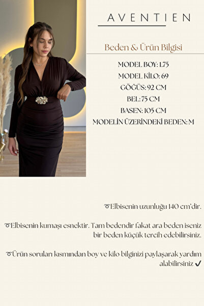 Aventien Draped Elegant Brown Long Dress with Belt Accessory