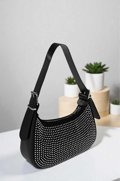 DLN MODA Γυναικεία τσάντα ώμου και χειρός με πέτρινη λεπτομέρεια, μαύρη