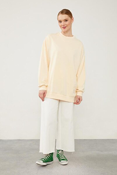 Levidor Krem Bisiklet Yaka Ribanalı Basic Sweat
