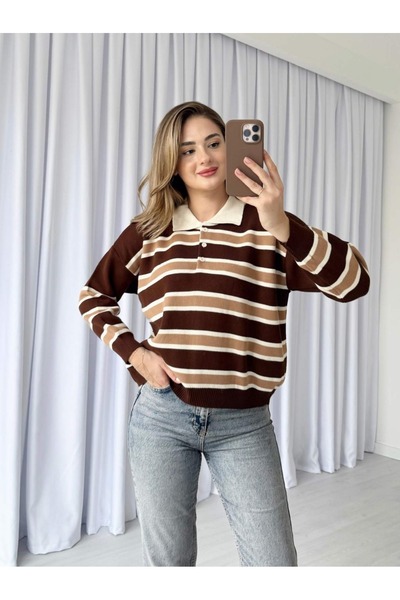 MODA BORSASI Pulover tricotat pentru femei, cu guler polo, cu dungi, Bitter B...