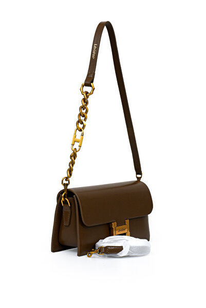 Levidor Women's Stylish Shoulder Bag with Flap Logo and Chain Detail Lv930382 Dark Brown