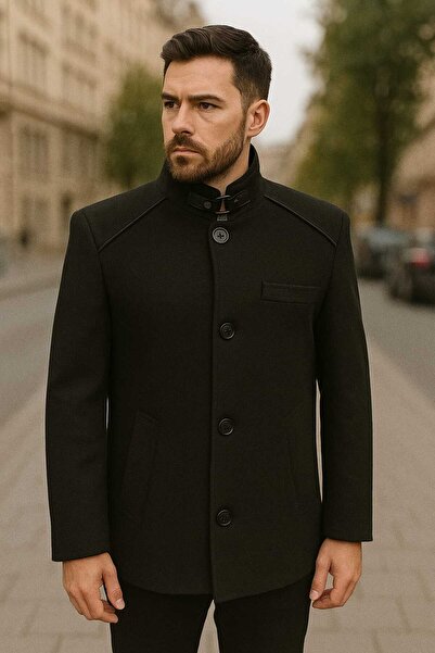 ANATOLIATEKSTILE Men's Elegant Coat with High Collar and Buckle Closure