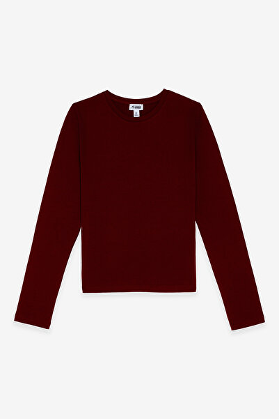 COMMON MELON Kadın Yuvarlak Yaka Uzun Kollu Basic Pamuklu Bluz Bordo