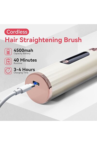 Generic ICV V Rechargeable Hair Straightening Brush, USB, Ionic Ceramic, Portable, 4 Temps (140-200°C), LED