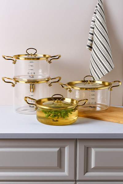 FODİS Logan Gold Covered 4-Piece Glass Pot Set