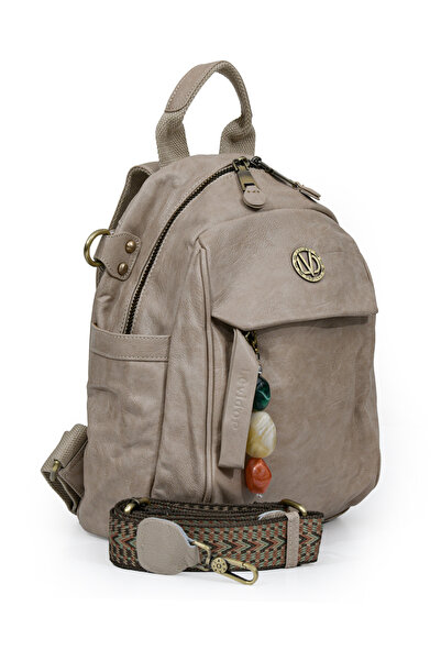 Levidor Ethnic Strap and Stone Charm Detailed Medium Size Casual Women's Shoulder and Backpack 930380 Mink