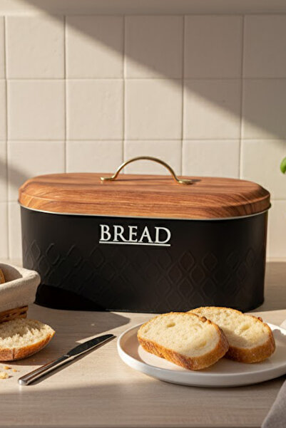 UCCO Retro Metal Bread Box, Wood Look Matte Black Bread Bin, Kitchen Organizer - Bread Storage Container
