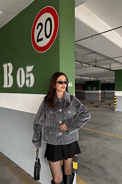 mylove معطف قصير فاخر من الفرو مع جيوب أنثراسيت