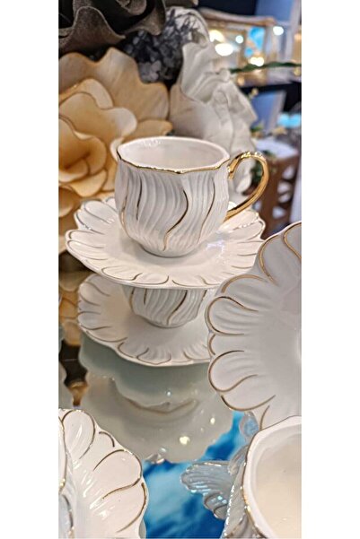 Kosova Züccaciye White Porcelain Gold Handle Coffee Cup Set