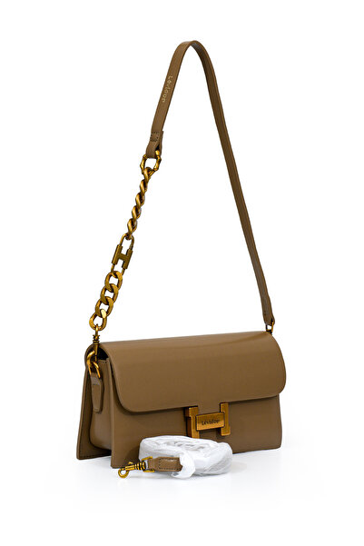 Levidor Women's Stylish Shoulder Bag with Flap Logo and Chain Detail Lv930382 Camel