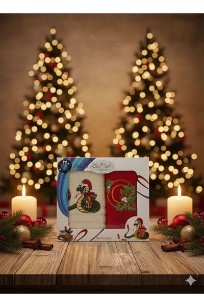 Coton Delux 2'li Yılbaşı Özel Mutfak Havlusu Yılan Nakışlı - %100 Pamuklu -30x50 - Kutulu