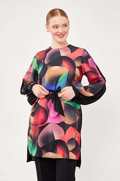 Levidor Black Balloon Pattern Waist-Tied Tunic