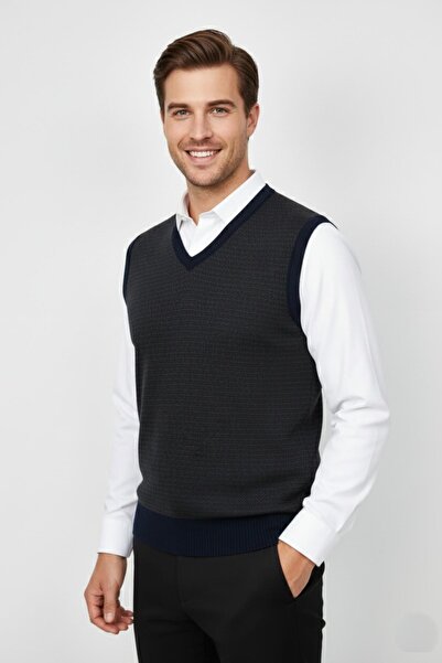 Triko Nehir Men's V-Neck Sweater Steel Knit Regular Fit Bgl-St04840